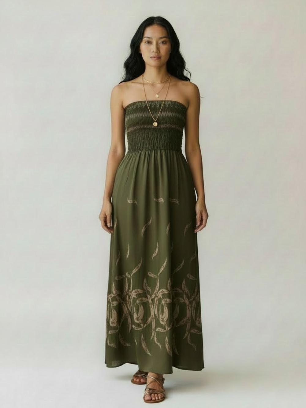 Lapis Olive Strapless Smocked Maxi Dress with Tonal Border Print Misses Size OS